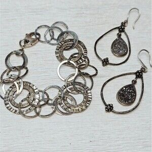 Sterling Mixed Links Italian Bracelet Drusy Hoop Earrings 925 20.5gr